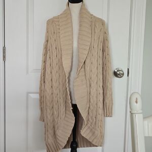 Haven Well Within Women L BEIGE Chunky Cable‎ Knit Longline Open Front Cardigan